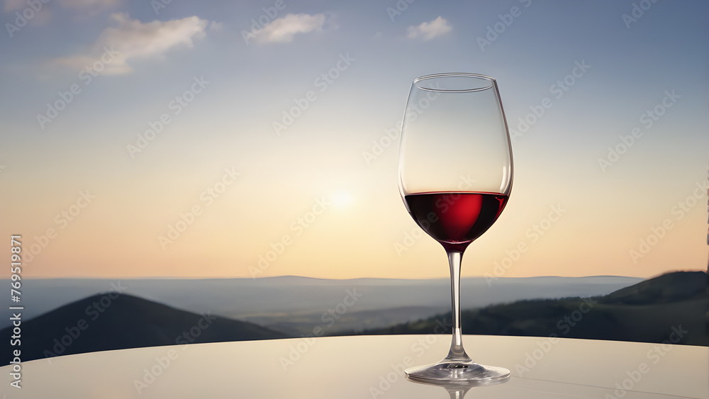 a glass of wine on the background of mountains, in nature. the text space. copy space