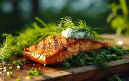 Perfectly grilled salmon on a wooden board with fresh herbs and creamy sauce.