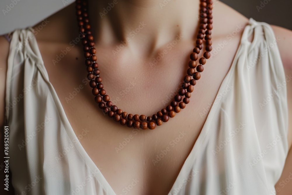 woman wearing a necklace made of sandalwood beads