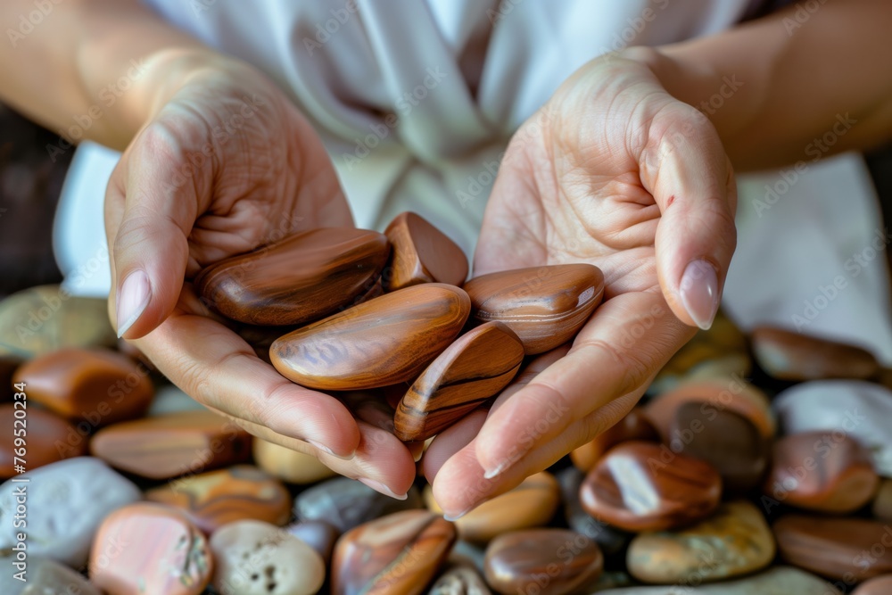 therapist arranging sandalwood stones for spa therapist arranging sandalwood stones for spa