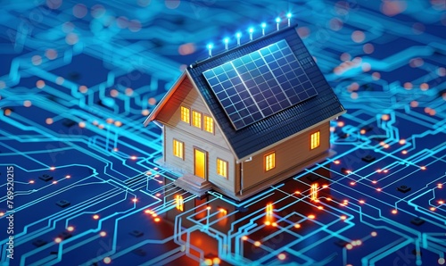 3D rendering of a house with solar panels on the roof and a digital glowing circuit board background