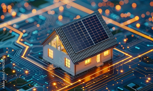 3D rendering of a house with solar panels on the roof and a digital glowing circuit board background