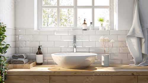 Modern bathroom in Scandinavian style with greenery and sunlight. Bathroom design concept with white sink  wooden countertop and white brick wall. Generated AI
