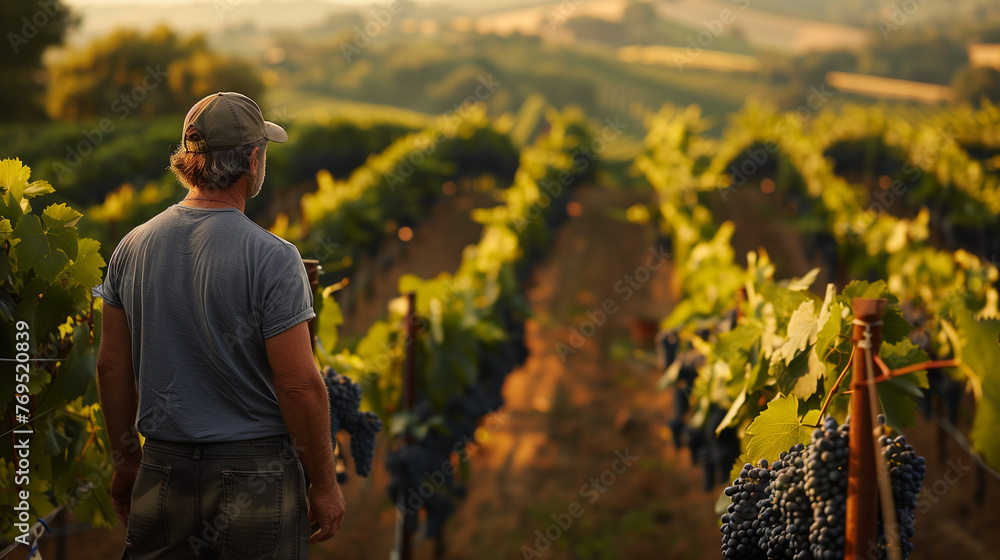Back view of a farmer gazing over a vineyard rich with ripe grapes, bathed in the warm, soft light of the early evening. - obrazy, fototapety, plakaty 