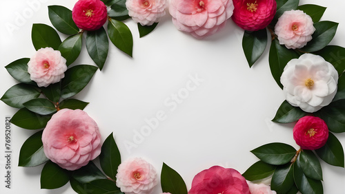 an empty circle of flowers on a white background. text space