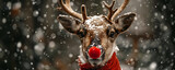 A reindeer with a red nose and a santa suit