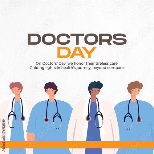 Illustration of doctors in white coats with stethoscopes on a white background. Text reads "Doctor's Day."