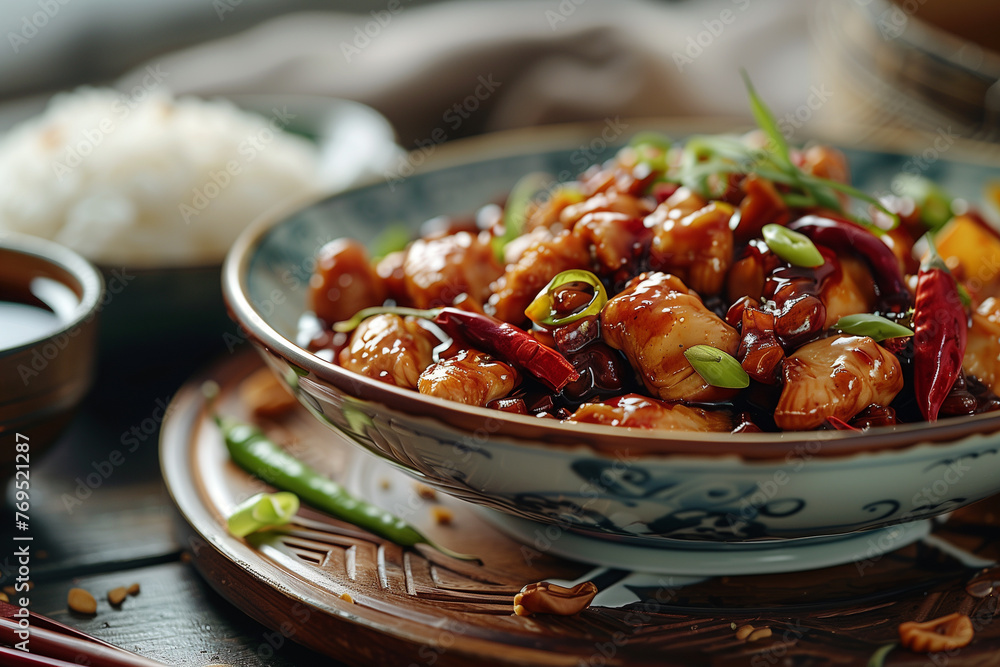 Surrounded by an array of spices and ingredients, Kung Pao Chicken, served in a rustic bowl, showcases its fiery flavor with fresh vegetables and chili, inviting diners to savor every bite. Surrounded by an array of spices and ingredients, Kung Pao Chicken, served in a rustic bowl, showcases its fiery flavor with fresh vegetables and chili, inviting diners to savor every bite.