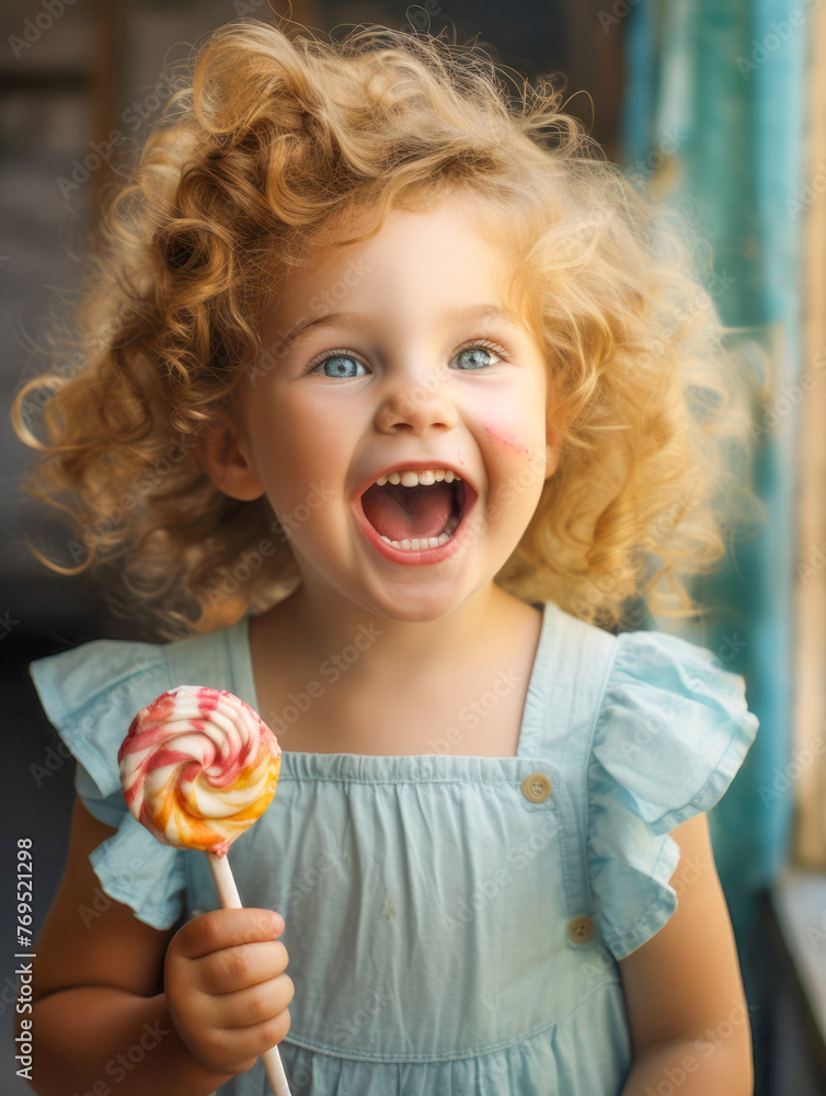 A little joyful girl in a blue dress with curly hair holds a round multi-colored lollipop. Generated AI A little joyful girl in a blue dress with curly hair holds a round multi-colored lollipop. Generated AI