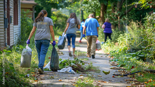 Residents participating in a neighborhood cleanup event to preserve the natural beauty of their surroundings - happiness, joy, love, respect