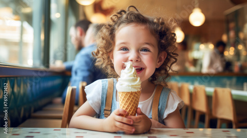 A joyful girl holds creamy ice cream in a waffle cone in her hands at a table in a cafe. Generated AI.