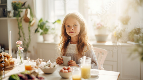 A little girl eats a healthy breakfast in the kitchen with healthy products in the morning sunlight. Healthy nutrition concept for children. Generated AI. Cozy homely atmosphere
