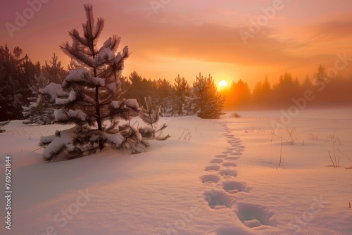footprints leading to a snowy pine grove at sunrise