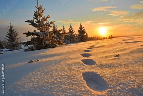 footprints leading to a snowy pine grove at sunrise