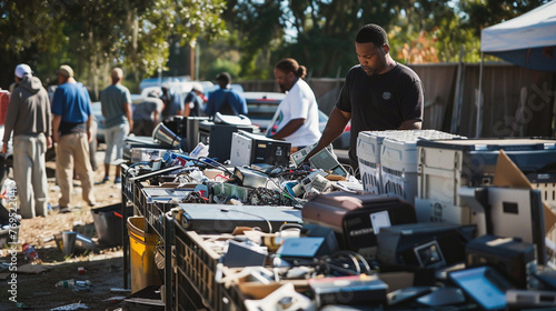 A community-wide recycling drive where residents collect and recycle electronic waste and hazardous materials - happiness, joy, love, respect