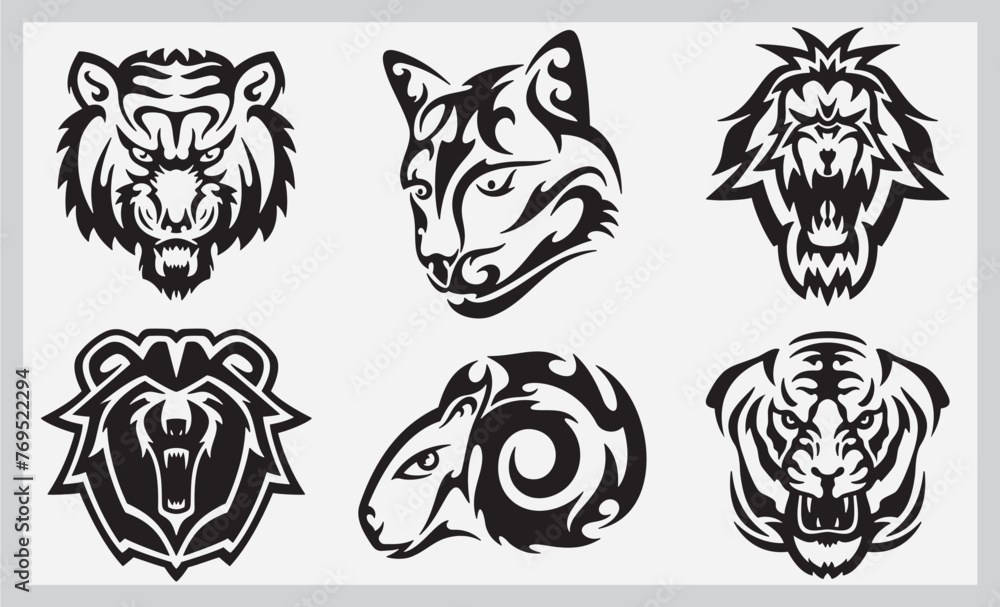 Tribal animals vector illustrations set, great for vehicle graphics, stickers and T-shirt designs. Cartoon mascot characters, ready for vinyl cutting. Tigers, puma, lion, bear, ram. Tribal animals vector illustrations set, great for vehicle graphics, stickers and T-shirt designs. Cartoon mascot characters, ready for vinyl cutting. Tigers, puma, lion, bear, ram.