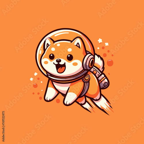 Happy Shiba Inu astronaut in space, with an orange background.
