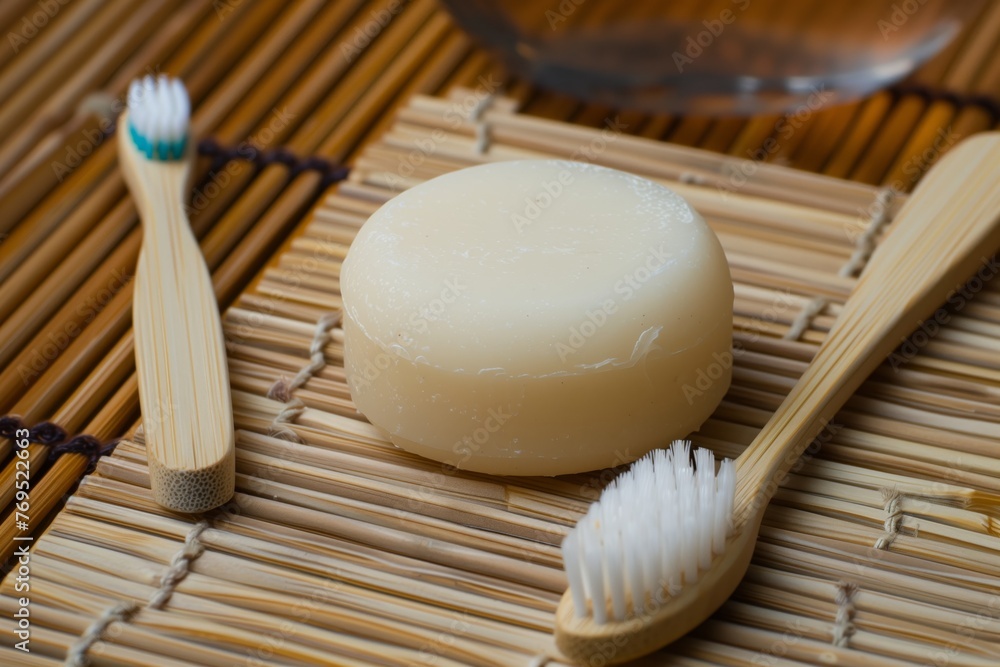solid shampoo bar on a bamboo mat with a bamboo toothbrush nearby solid shampoo bar on a bamboo mat with a bamboo toothbrush nearby
