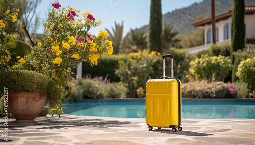 Yellow suitcase. Summer vacation villa with swimming pool in tropics. Summertime tourist travel luggage for luxury getaway retreat. Bright stylish fashion traveling bag for hot season trip. Banner