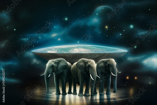 Elephants in space holding the flat earth on their backs photo
