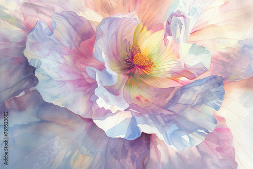 Close-up watercolor painting of a random flower, hand-drawn in a soft pastel palette, capturing the essence of gentle light.