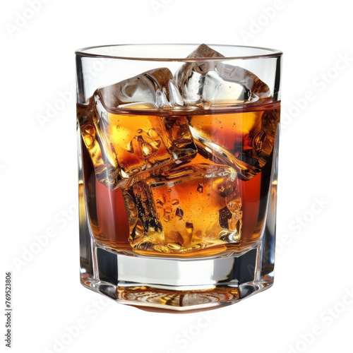 Chilled Whiskey Drink with Ice Cubes in Glass on White Background
