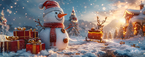 A festive scene of a snowman and a reindeer with a sleigh full of presents