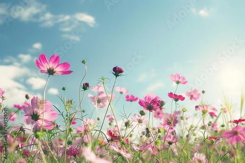 A field of vibrant cosmos flowers, swaying gently in the breeze under the blue sky.