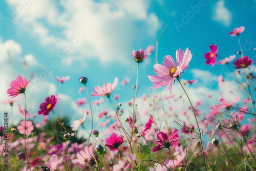 A field of vibrant cosmos flowers, swaying gently in the breeze under the blue sky. © Sobia
