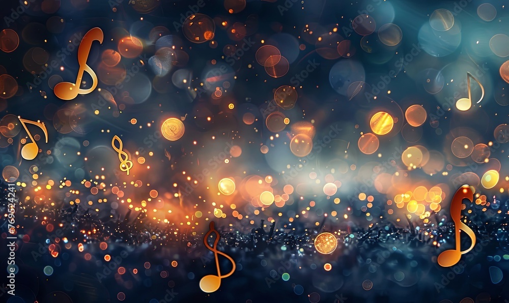 Festive background with musical notes and glowing lights - obrazy, fototapety, plakaty 