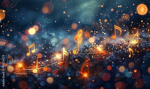 Festive background with musical notes and glowing lights