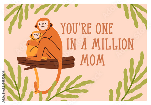 Mother day, greeting card design with cute monkey mom and baby. Happy holiday...