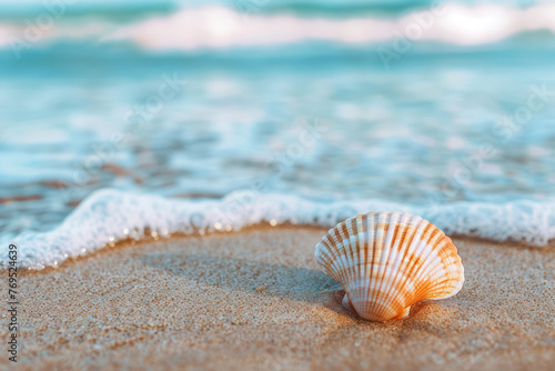 Seashell Resting on Sandy Beach by Ocean