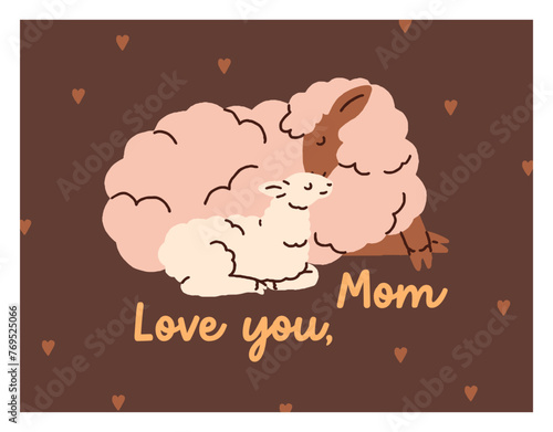 Happy Mother's day, greeting card design with sheep mom and baby. Holiday pos...