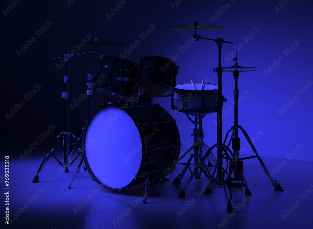 Illuminated drum kit in studio with blue ambient lighting