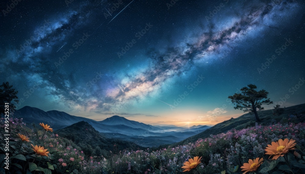 A breathtaking nightscape where the Milky Way stretches over a blossoming mountain range, merging nature's tranquility with cosmic wonder.