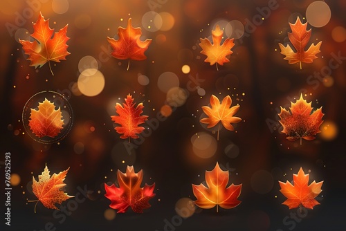 3d vector icon set. Autumn leaves, photo