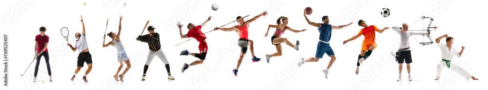 Collage made of various athletes in different sports training isolated over white background. Development of movement. Concept of professional sport, competition, championship, game, dynamics - obrazy, fototapety, plakaty 