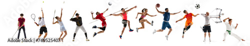 Collage made of various athletes in different sports training isolated over white background. Development of movement. Concept of professional sport, competition, championship, game, dynamics