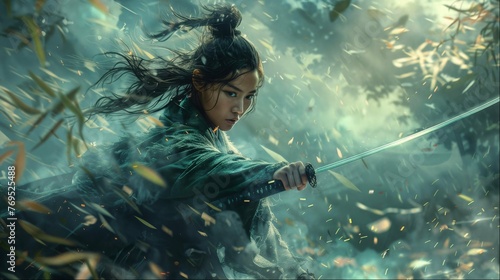 Female fantasy action hero in cinematic shot wielding a sword in Asian drama