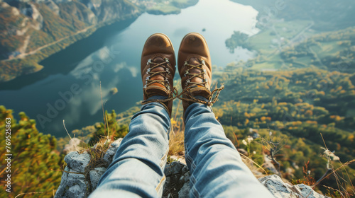 Legs of a hiker on a high mountain against the backdrop of mountains and a lake.