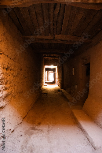 Corridor in M'Hamid El Hjizlane - old village next to Sahara desert and Mhamid city. Kasbach, province of Zagora in Morocco