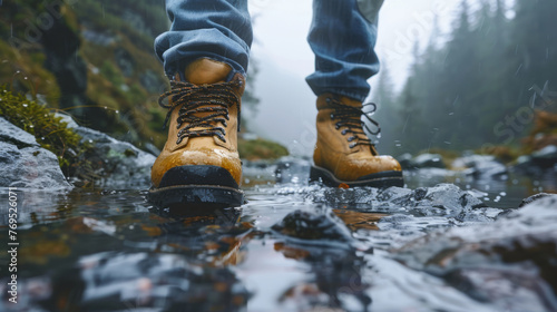 Hiking along a mountain stream. A man in hiking boots walks along a mountain stream against the backdrop of a beautiful forest. photo