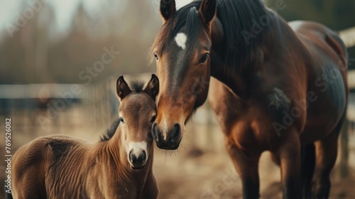 Portrait of a beautiful horse foal with mother