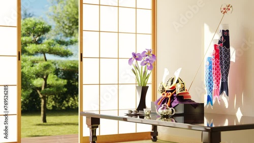爽やかな光が差す和室に置かれた兜飾りと鯉のぼり / こどもの日・端午の節句・日本の伝統行事のモーションイメージ / 3Dレンダリング photo