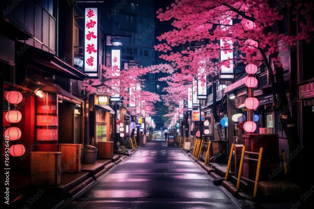 A bustling street scene in Tokyo, Japan, captured during a vibrant summer evening. Neon lights illuminate the street between towering skyscrapers and traditional lantern-lit alleyways.