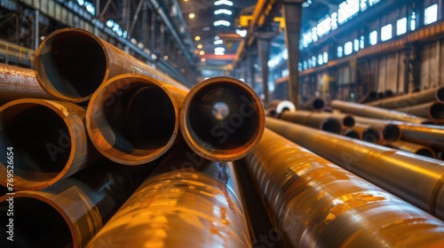 Close-up view of steel pipes in Iron and Steel Mill located in Taganrog photo