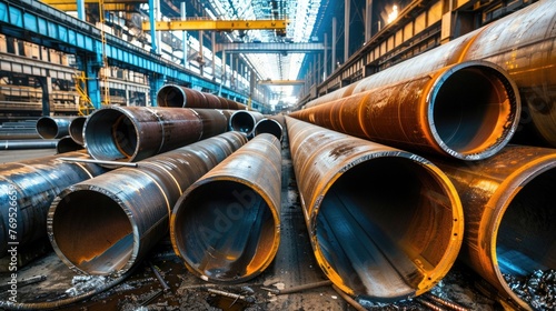 Close-up view of steel pipes in Iron and Steel Mill located in Taganrog photo