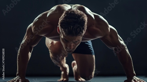 Fitness man performs push ups with naked torso