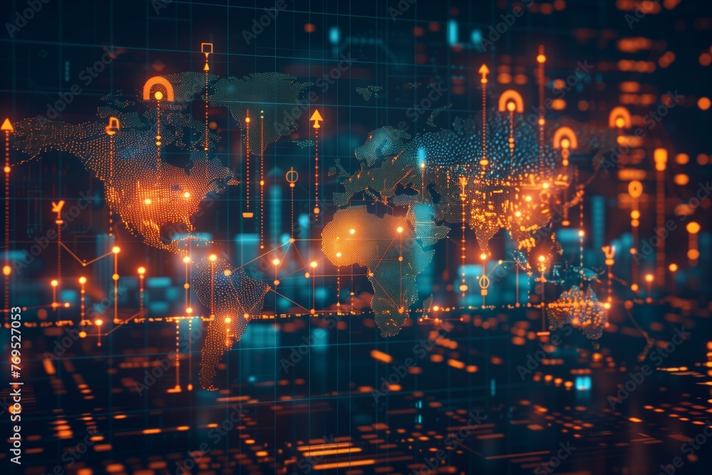 Obraz premium Global Business Data Network with Security Features. Digital illustration representing a global data network with security icons over a world map.